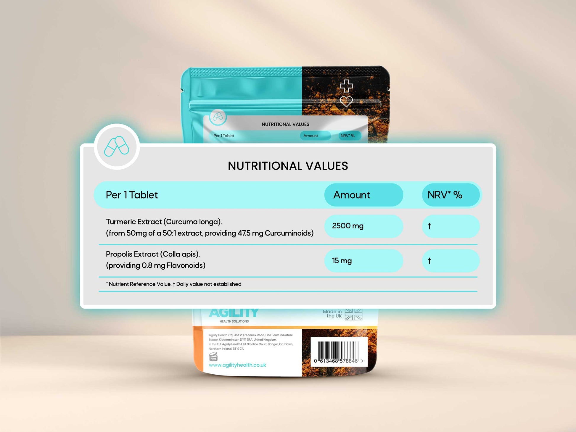 Nutritional values of Turmeric, Honey and Vitamin C tablets containing Turmeric Extract and Propolis Extract on a beige background.