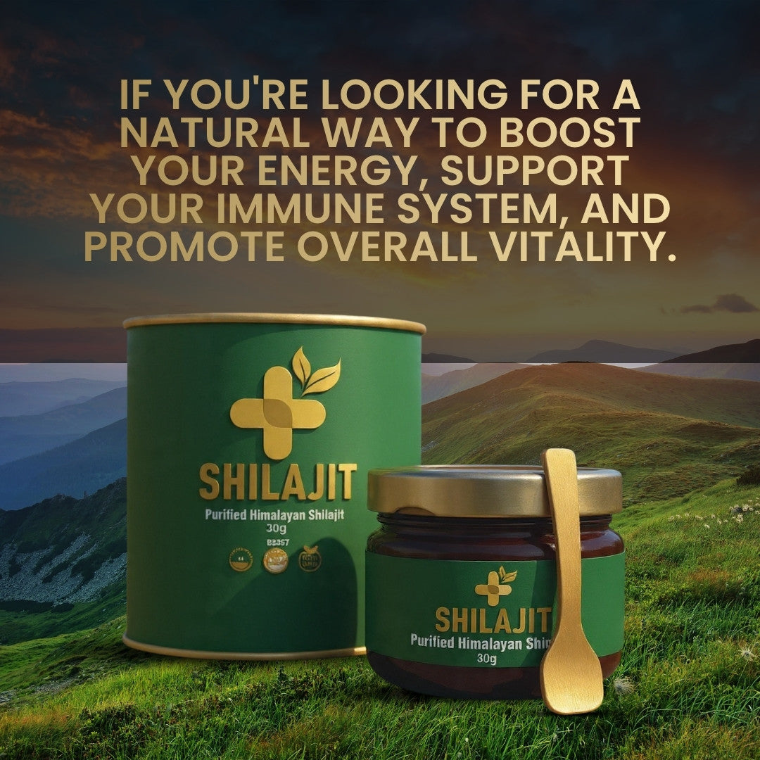 Shilajit resin with text about boosting energy and supporting immunity on a scenic mountain background