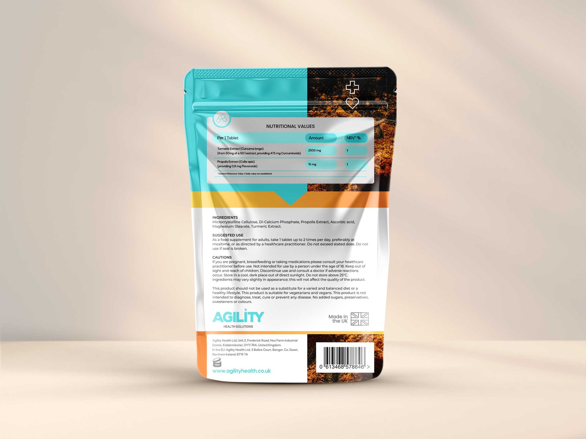 Nutritional values of Turmeric, Honey and Vitamin C. Suggested use and cautions when using the product. 