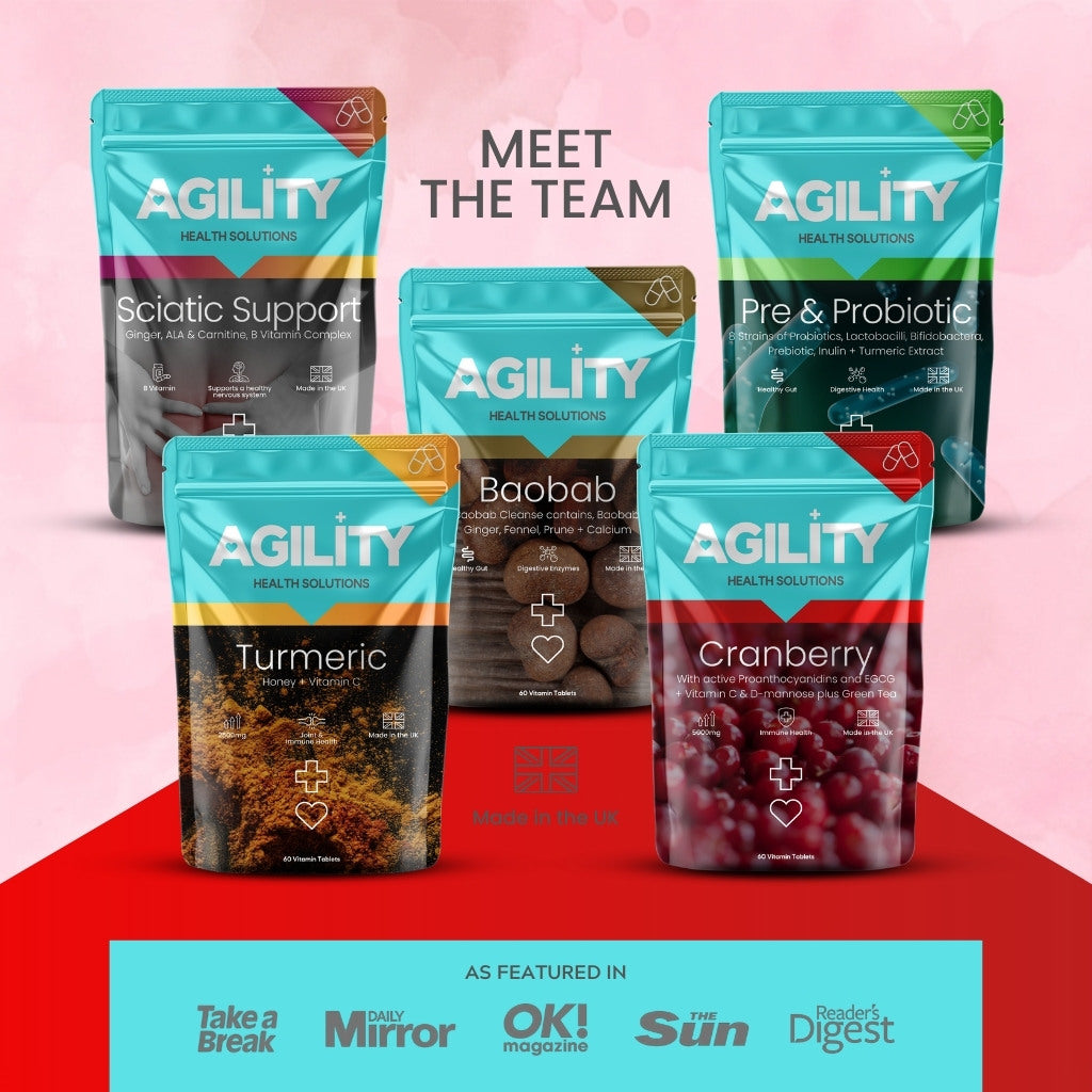 Agility Health Solutions complete supplement product range packages on a pink and red background.