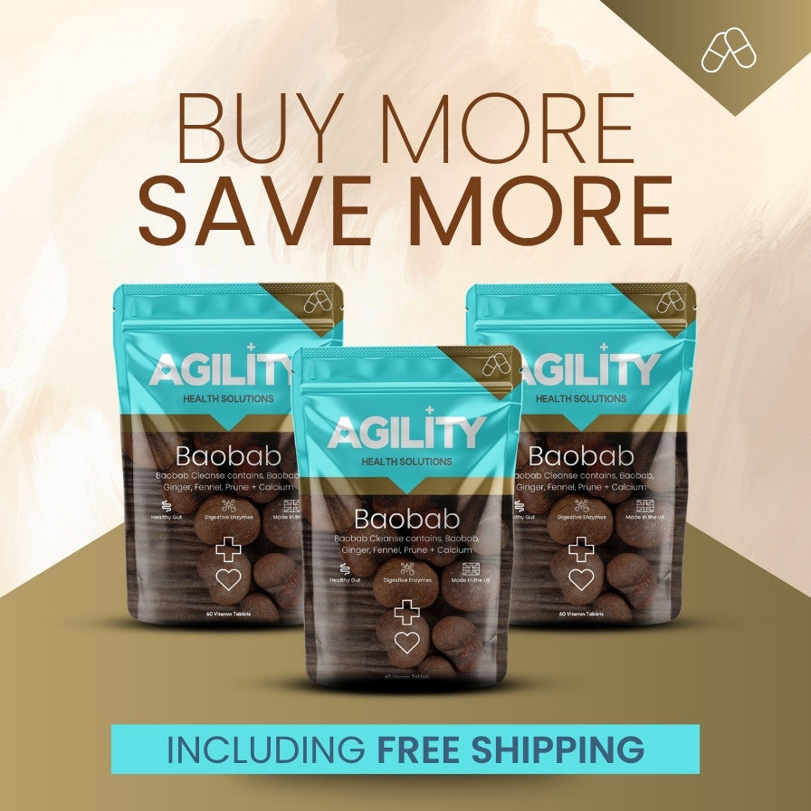 Three packages of Agility Health Solutions Baobab Cleanse on a gradient background with promotional text, buy more save more including free shipping. 