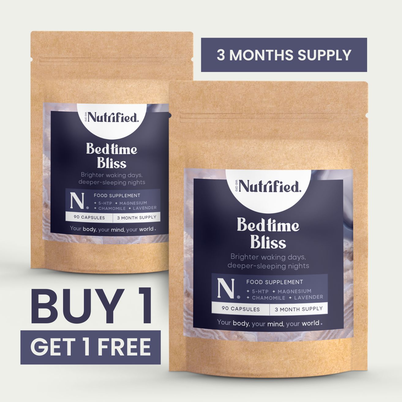 Two packages of Bedtime Bliss with a buy one get one free offer on a light gray background.