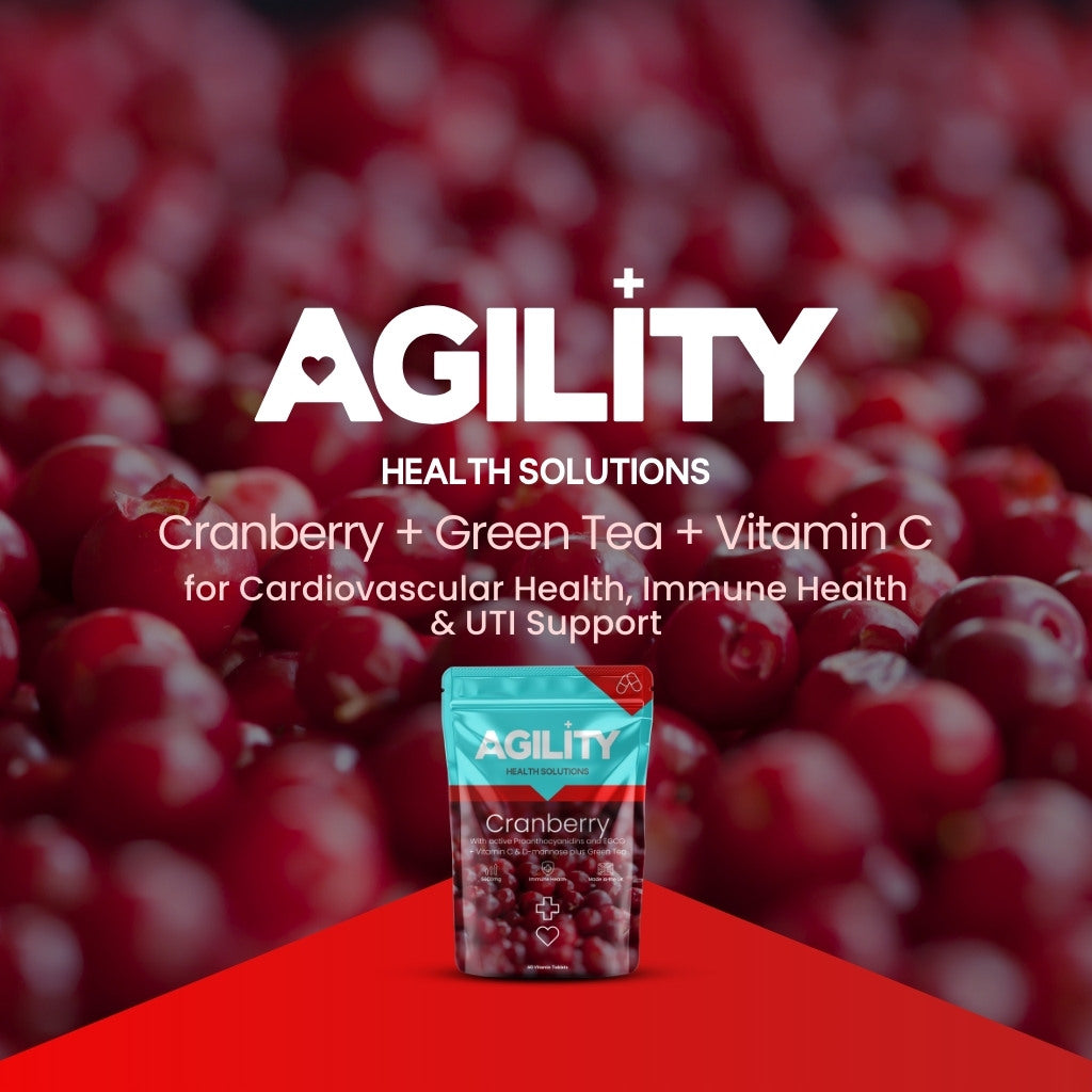 Cranberry supplement packaging on a red surface with cranberries in the background. Text stating what the tablets contain and what they can be used for. 