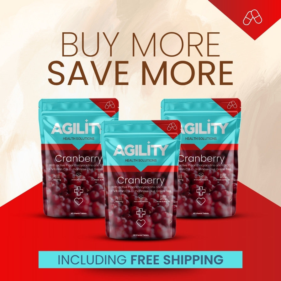 Three packages of Agility Health Solutions Cranberry supplements on a red and beige background with promotional text - buy more save more, including free shipping. 