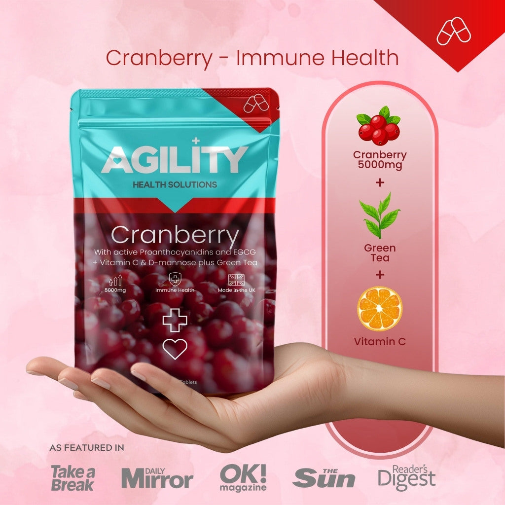 Cranberry health supplement package with hand holding it on a pink background. Ingredients include cranberry 5000mg, green tea and vitamin c.