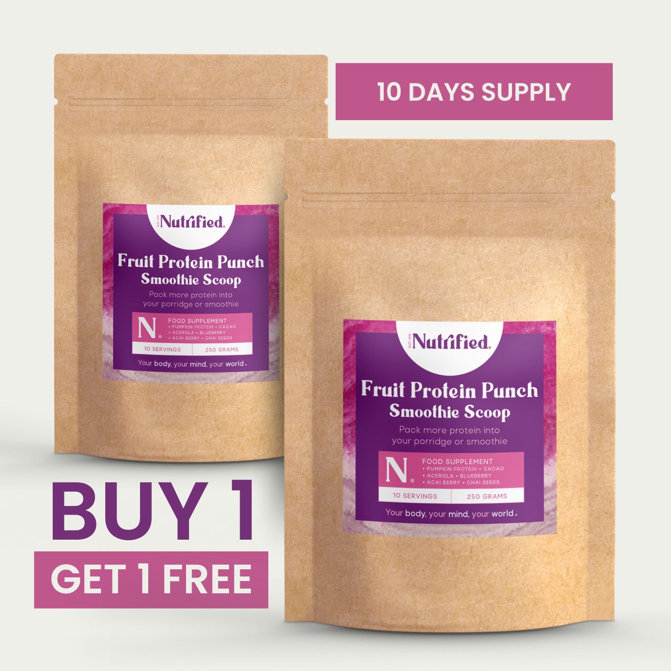 Two packages of Fruit Protein Punch Smoothie Scoop with a promotional banner saying buy 1 get 1 free.