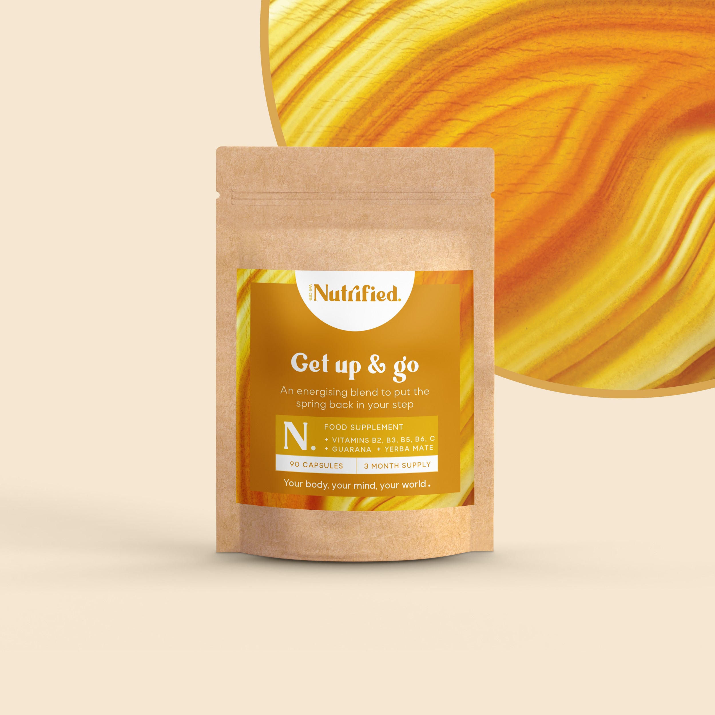A package of Get Up & Go capsules with a colourful background, featuring yellow and orange hues.