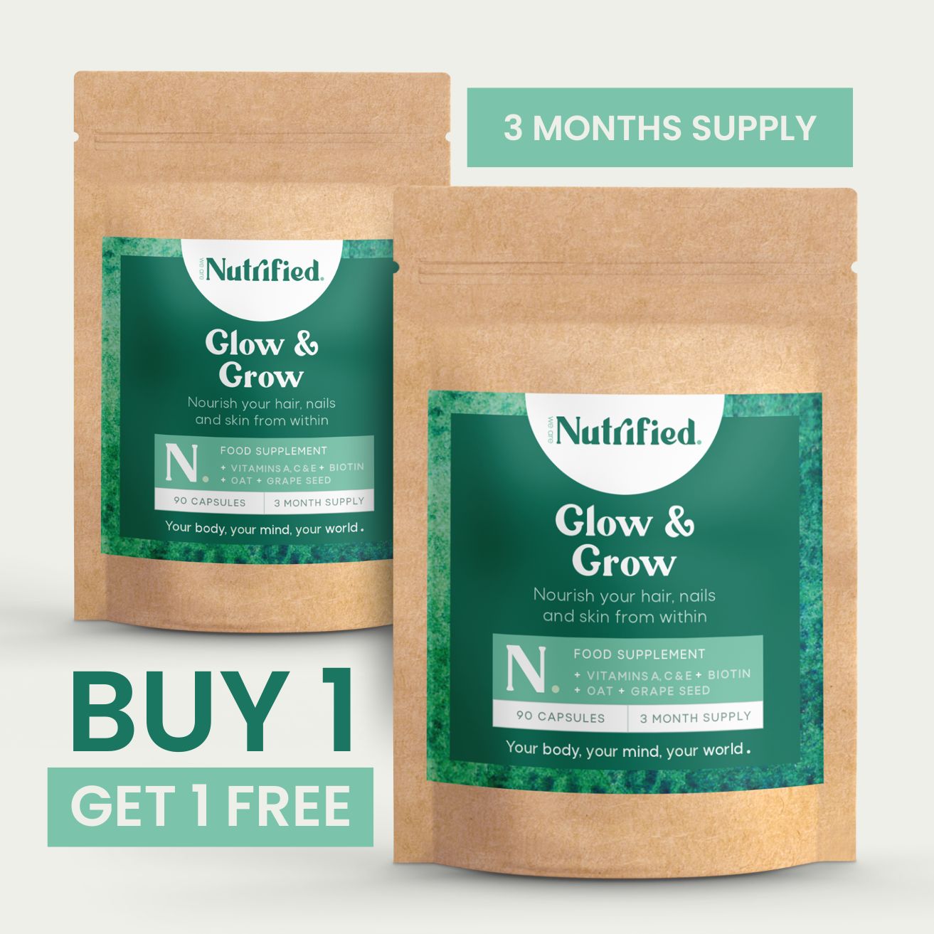 Two packages of Glow & Grow supplement with promotional text about buy 1 get 1 free.