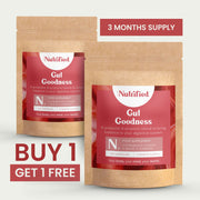 Two Gut Goodness supplement packages with promotional text about buy 1 get 1 free on a white background