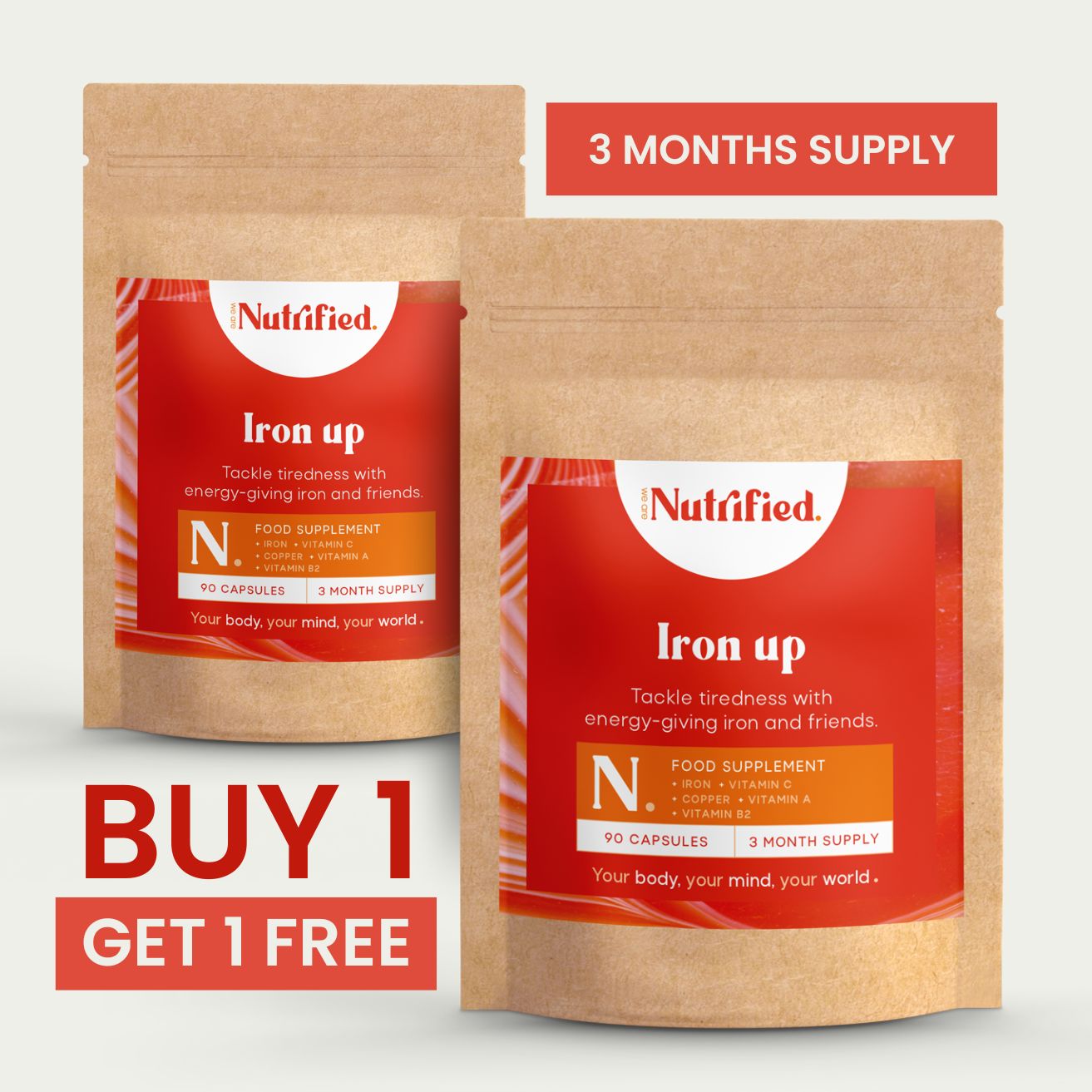 Two packages of Iron up food supplement with promotional text 3 months supply, buy 1 packet and get 1 free