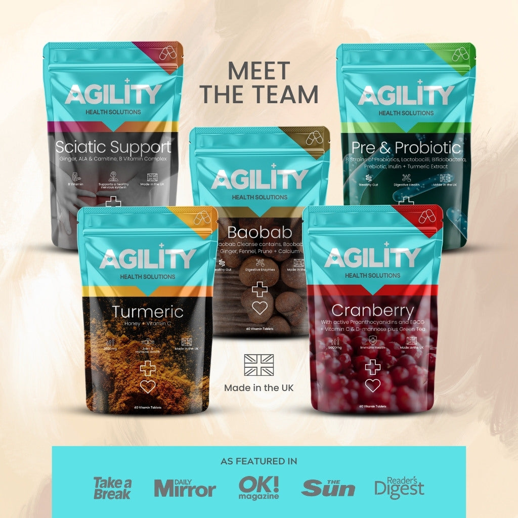 Agility Health Solutions whole supplement range product packaging for various health solutions on a gradient background