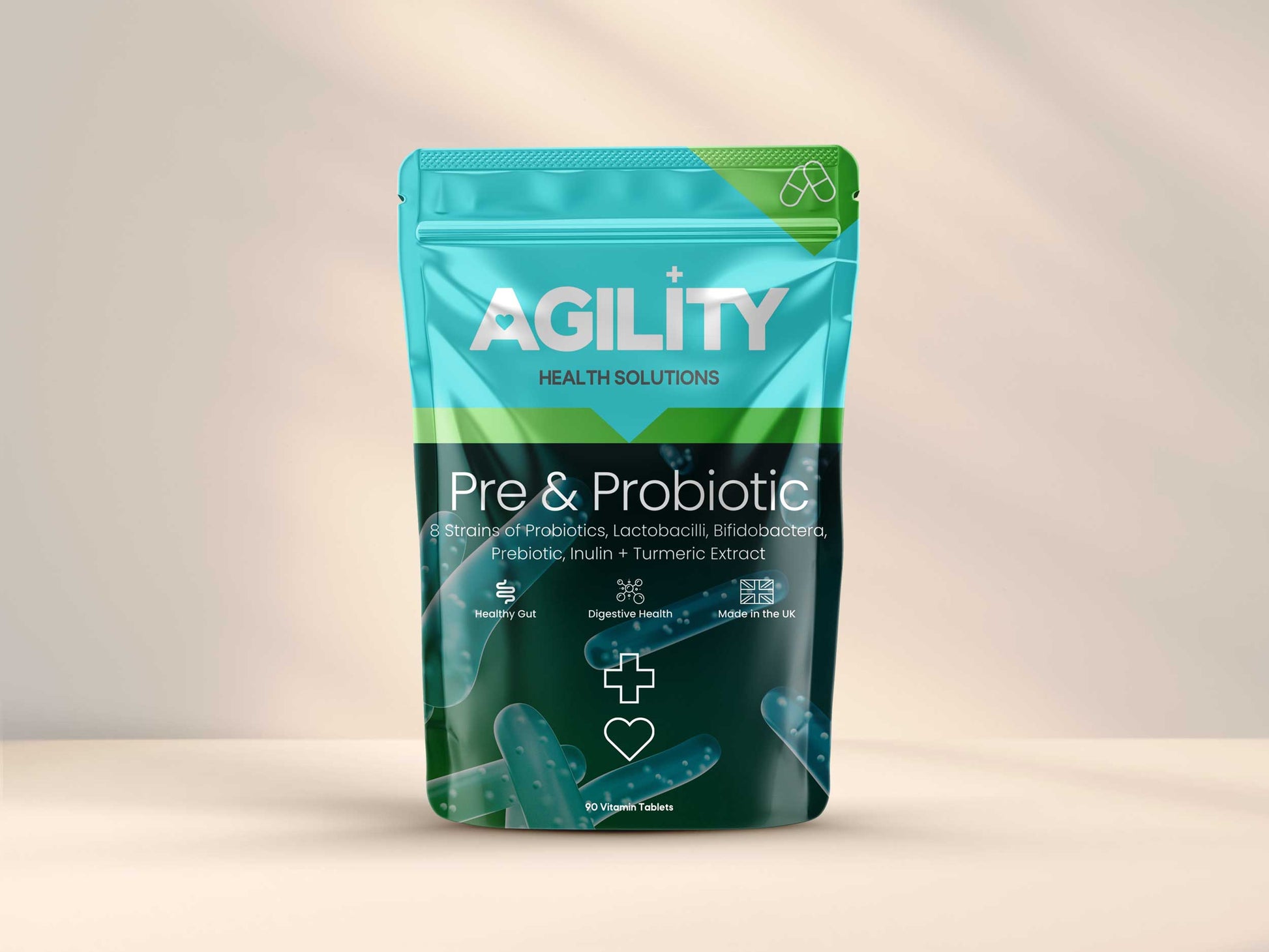 A package of Agility Health Solutions Prebiotic and Probiotic Complex Capsules. The package is teal and white with product information and branding.