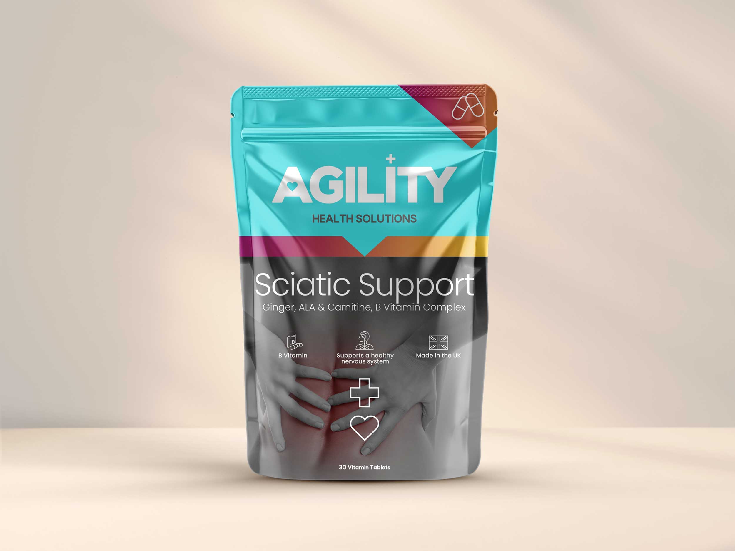 A package of Agility Health Solutions Sciatic Support Tablets with 3 months supply, featuring a teal, pink and yellow colour scheme and branding.