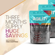 Package of Agility Health Solutions Sciatic Support supplement with promotional text  of three months supply with huge savings on a beige background
