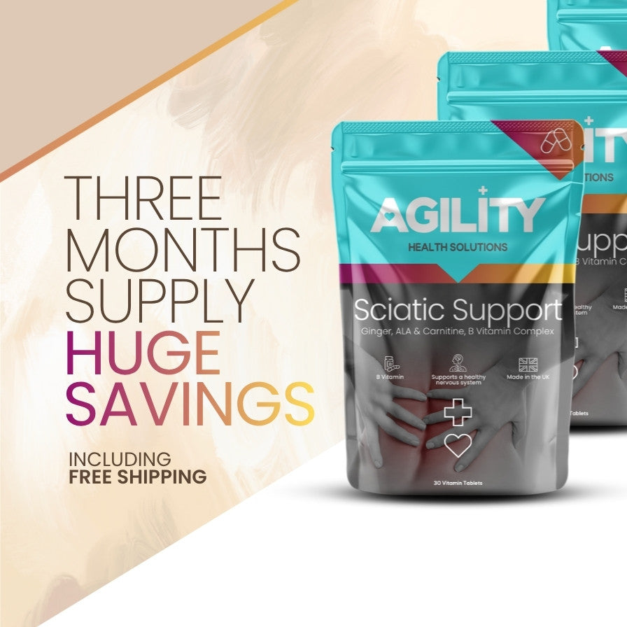 Package of Agility Health Solutions Sciatic Support supplement with promotional text  of three months supply with huge savings on a beige background