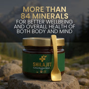 Shilajit Resin jar with a gold spoon on a rock, mountain background, text about the product having more than 84 minerals for overall health for body and mind.