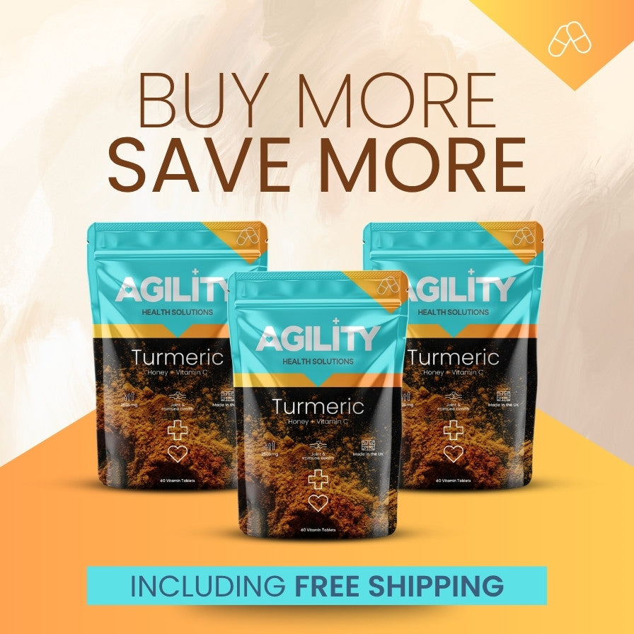 Three packages of Agility Health Solutions Turmeric, Honey and Vitamin C on a yellow and beige background with buy More Save More promotional text.
