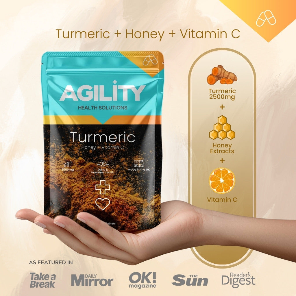 Turmeric, Honey and Vitamin C health supplement package, held in a hand.