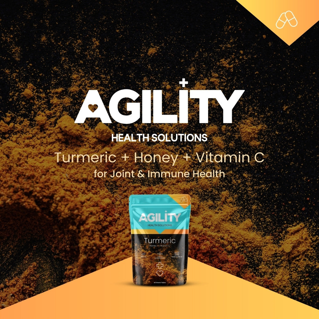Turmeric, Honey, Vitamin C supplement package with text on a dark background, with turmeric powder in the background. 